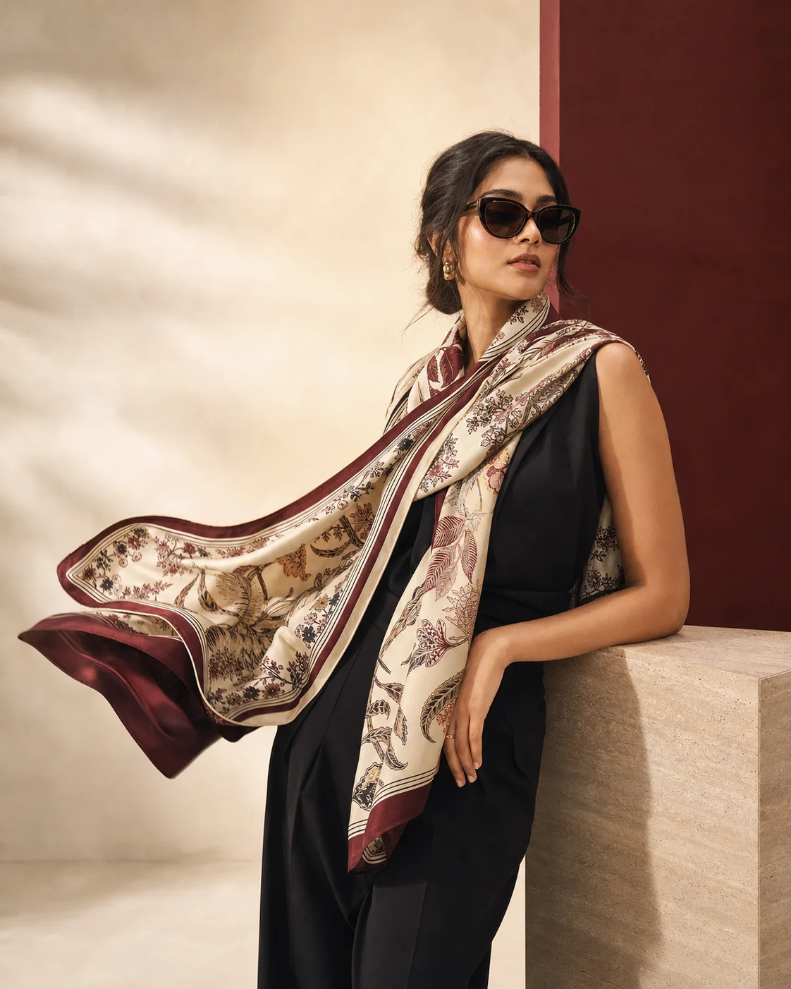 Woman wearing an ivory and oxblood printed scarf with dark sunglasses